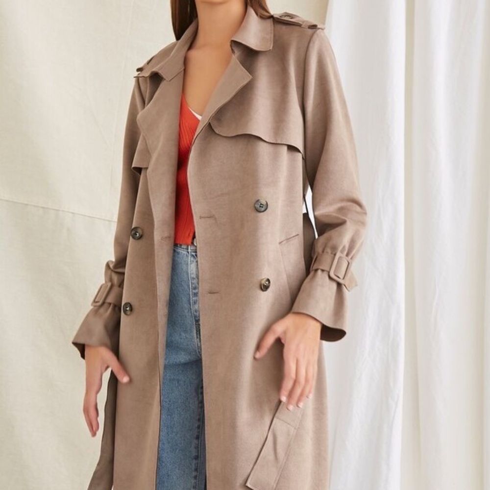 Belted Faux Suede Trench Jacket